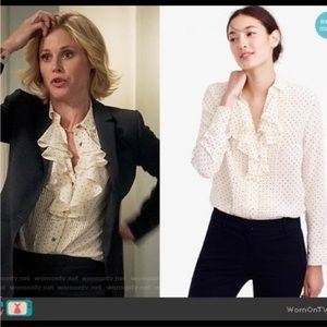 J Crew Tuxedo Ruffle Blouse in Polka Dot Silk